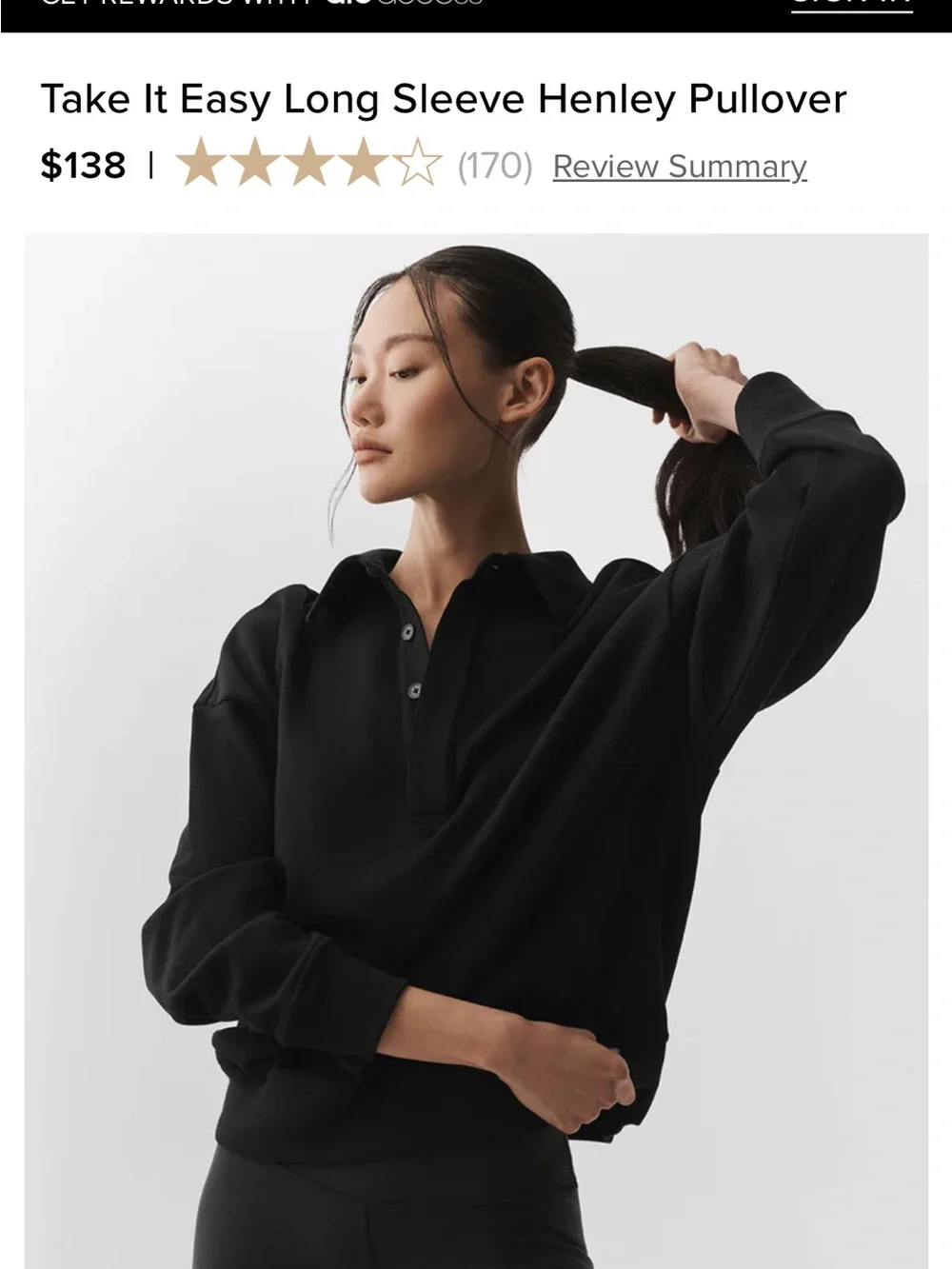 ALO Yoga Take It Easy Long Sleeve Henley Pullover - Black M